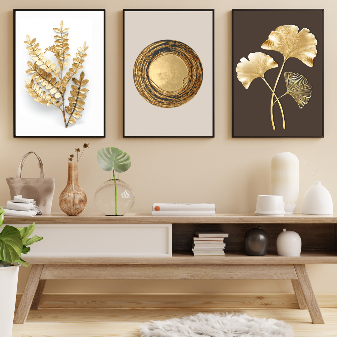affiches feuillages et formes abstraits doré