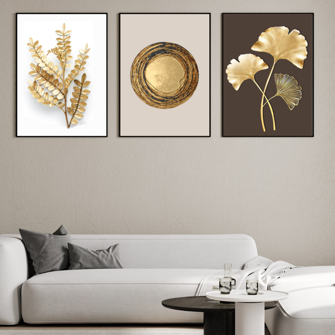 affiches feuillages et formes abstraits doré