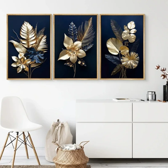affiches abstraites fleurs bleu et doré