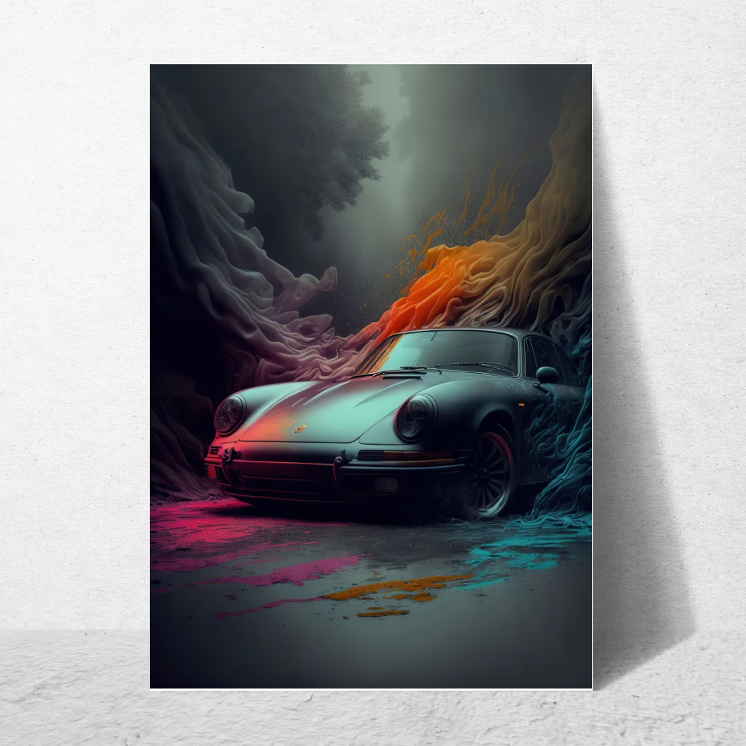 affiche voiture de sport colorée porsche